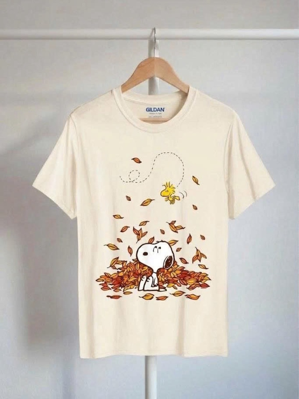 Cute Cartoon Dog & Bird In Fall Leaves Graphic Tee Autumn White Top - Picture 2 of 7